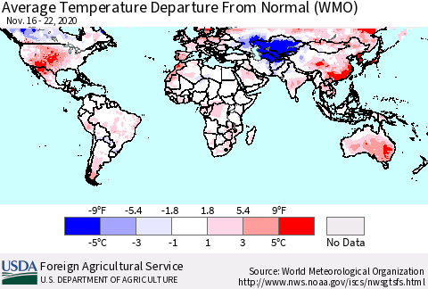 World Average Temperature Departure from Normal (WMO) Thematic Map For 11/16/2020 - 11/22/2020