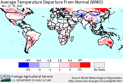 World Average Temperature Departure from Normal (WMO) Thematic Map For 11/23/2020 - 11/29/2020