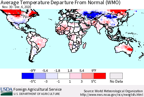 World Average Temperature Departure from Normal (WMO) Thematic Map For 11/30/2020 - 12/6/2020