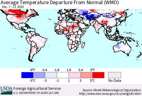 World Average Temperature Departure from Normal (WMO) Thematic Map For 12/7/2020 - 12/13/2020
