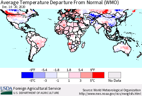 World Average Temperature Departure from Normal (WMO) Thematic Map For 12/14/2020 - 12/20/2020