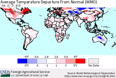 World Average Temperature Departure from Normal (WMO) Thematic Map For 12/21/2020 - 12/27/2020