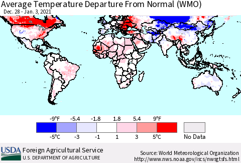 World Average Temperature Departure from Normal (WMO) Thematic Map For 12/28/2020 - 1/3/2021