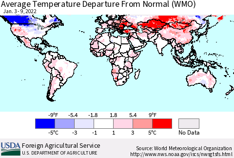 World Average Temperature Departure from Normal (WMO) Thematic Map For 1/3/2022 - 1/9/2022