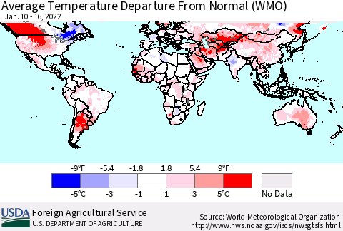 World Average Temperature Departure from Normal (WMO) Thematic Map For 1/10/2022 - 1/16/2022