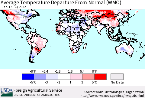 World Average Temperature Departure from Normal (WMO) Thematic Map For 1/17/2022 - 1/23/2022
