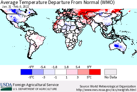 World Average Temperature Departure from Normal (WMO) Thematic Map For 1/31/2022 - 2/6/2022