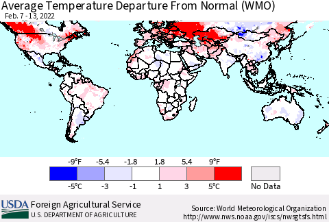 World Average Temperature Departure from Normal (WMO) Thematic Map For 2/7/2022 - 2/13/2022