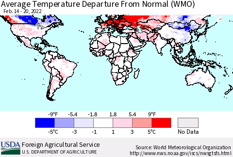 World Average Temperature Departure from Normal (WMO) Thematic Map For 2/14/2022 - 2/20/2022