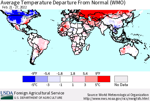 World Average Temperature Departure from Normal (WMO) Thematic Map For 2/21/2022 - 2/27/2022