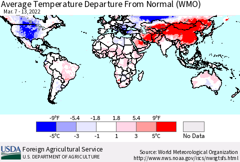 World Average Temperature Departure from Normal (WMO) Thematic Map For 3/7/2022 - 3/13/2022