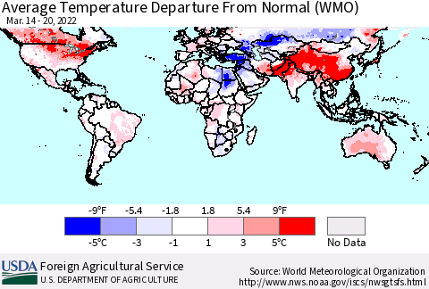 World Average Temperature Departure from Normal (WMO) Thematic Map For 3/14/2022 - 3/20/2022