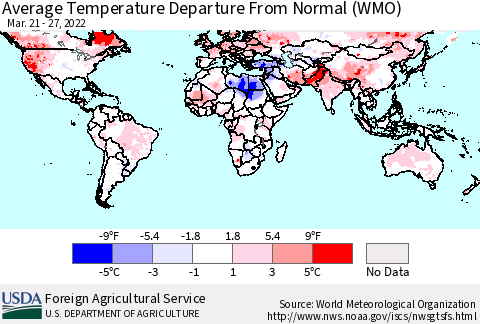 World Average Temperature Departure from Normal (WMO) Thematic Map For 3/21/2022 - 3/27/2022