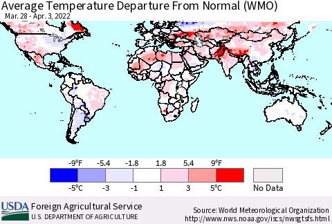 World Average Temperature Departure from Normal (WMO) Thematic Map For 3/28/2022 - 4/3/2022