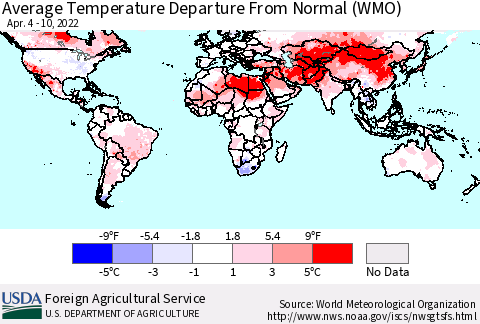 World Average Temperature Departure from Normal (WMO) Thematic Map For 4/4/2022 - 4/10/2022