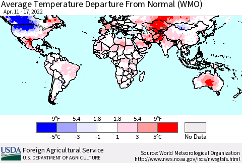 World Average Temperature Departure from Normal (WMO) Thematic Map For 4/11/2022 - 4/17/2022