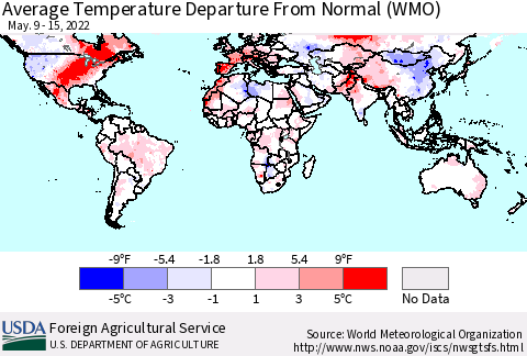 World Average Temperature Departure from Normal (WMO) Thematic Map For 5/9/2022 - 5/15/2022