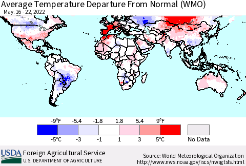 World Average Temperature Departure from Normal (WMO) Thematic Map For 5/16/2022 - 5/22/2022