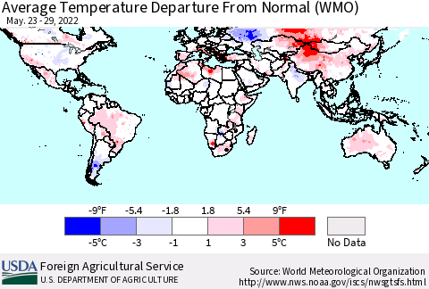 World Average Temperature Departure from Normal (WMO) Thematic Map For 5/23/2022 - 5/29/2022