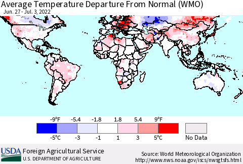 World Average Temperature Departure from Normal (WMO) Thematic Map For 6/27/2022 - 7/3/2022
