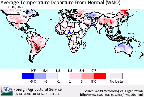 World Average Temperature Departure from Normal (WMO) Thematic Map For 7/4/2022 - 7/10/2022