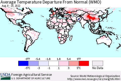 World Average Temperature Departure from Normal (WMO) Thematic Map For 8/8/2022 - 8/14/2022