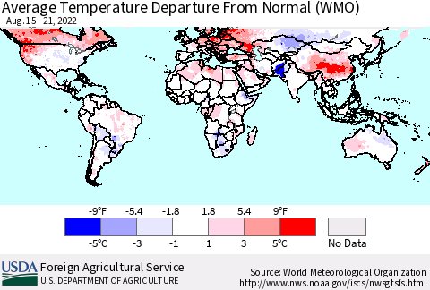 World Average Temperature Departure from Normal (WMO) Thematic Map For 8/15/2022 - 8/21/2022
