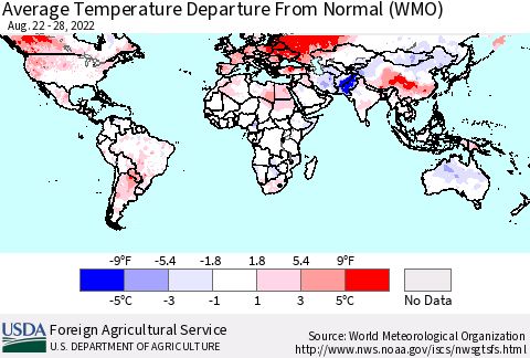 World Average Temperature Departure from Normal (WMO) Thematic Map For 8/22/2022 - 8/28/2022