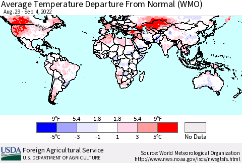 World Average Temperature Departure from Normal (WMO) Thematic Map For 8/29/2022 - 9/4/2022