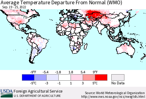 World Average Temperature Departure from Normal (WMO) Thematic Map For 9/19/2022 - 9/25/2022