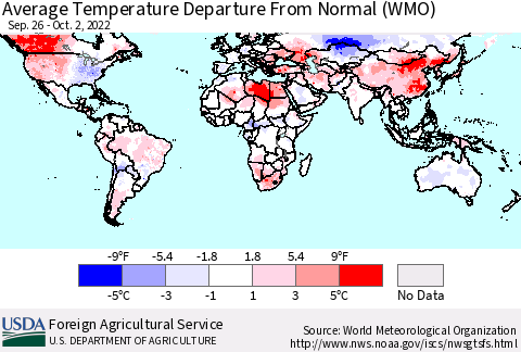 World Average Temperature Departure from Normal (WMO) Thematic Map For 9/26/2022 - 10/2/2022