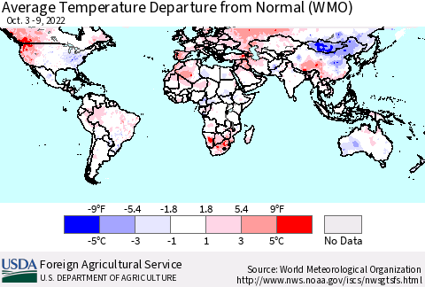 World Average Temperature Departure from Normal (WMO) Thematic Map For 10/3/2022 - 10/9/2022
