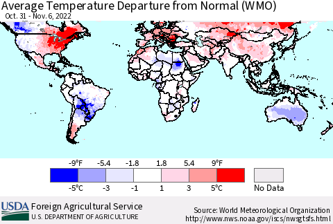 World Average Temperature Departure from Normal (WMO) Thematic Map For 10/31/2022 - 11/6/2022