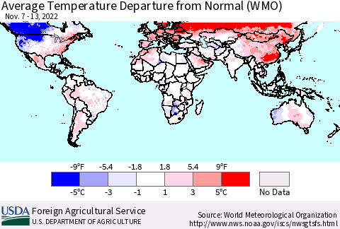 World Average Temperature Departure from Normal (WMO) Thematic Map For 11/7/2022 - 11/13/2022