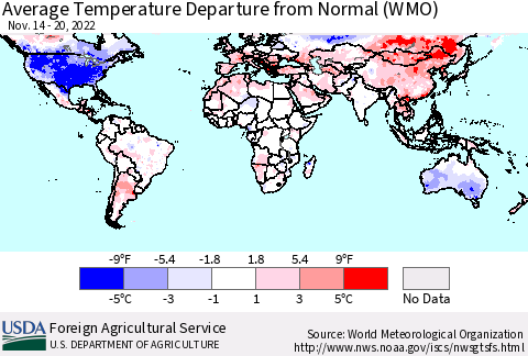 World Average Temperature Departure from Normal (WMO) Thematic Map For 11/14/2022 - 11/20/2022