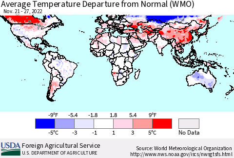 World Average Temperature Departure from Normal (WMO) Thematic Map For 11/21/2022 - 11/27/2022