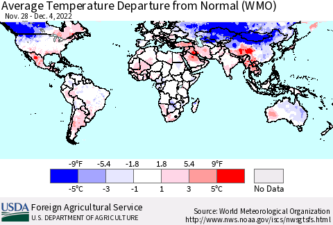 World Average Temperature Departure from Normal (WMO) Thematic Map For 11/28/2022 - 12/4/2022