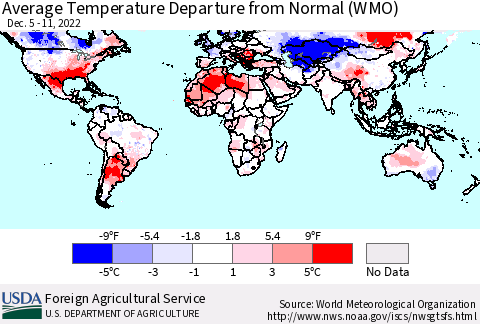 World Average Temperature Departure from Normal (WMO) Thematic Map For 12/5/2022 - 12/11/2022
