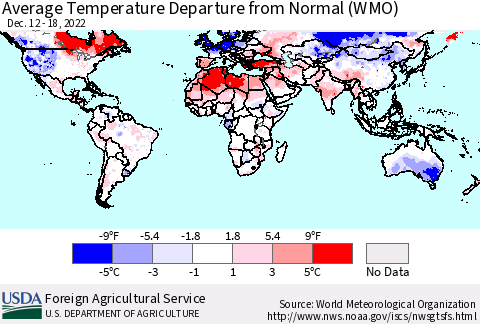 World Average Temperature Departure from Normal (WMO) Thematic Map For 12/12/2022 - 12/18/2022