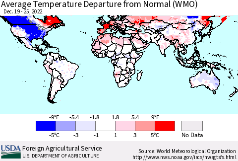 World Average Temperature Departure from Normal (WMO) Thematic Map For 12/19/2022 - 12/25/2022