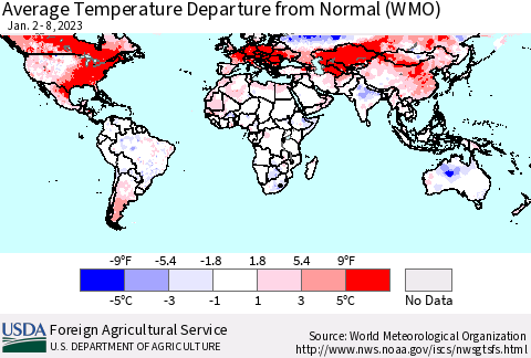 World Average Temperature Departure from Normal (WMO) Thematic Map For 1/2/2023 - 1/8/2023