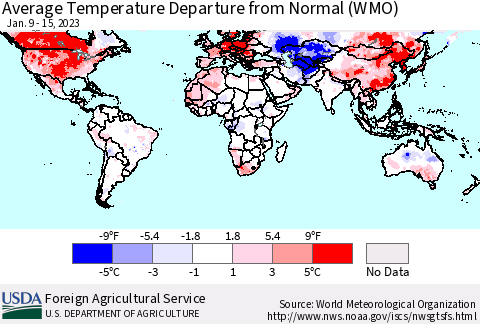 World Average Temperature Departure from Normal (WMO) Thematic Map For 1/9/2023 - 1/15/2023