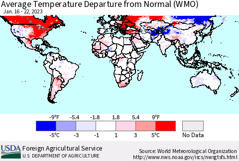 World Average Temperature Departure from Normal (WMO) Thematic Map For 1/16/2023 - 1/22/2023