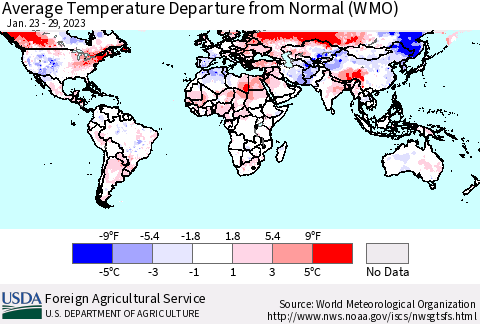 World Average Temperature Departure from Normal (WMO) Thematic Map For 1/23/2023 - 1/29/2023