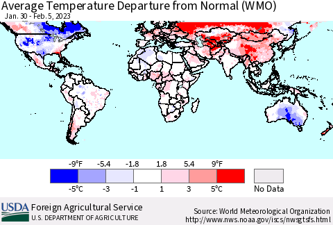 World Average Temperature Departure from Normal (WMO) Thematic Map For 1/30/2023 - 2/5/2023