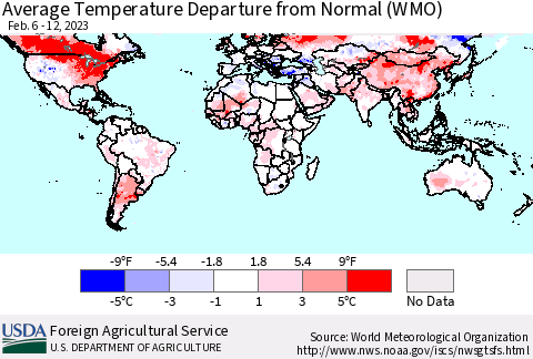 World Average Temperature Departure from Normal (WMO) Thematic Map For 2/6/2023 - 2/12/2023
