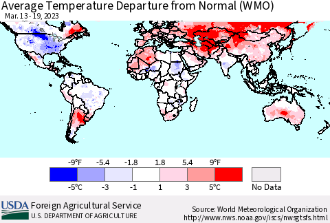 World Average Temperature Departure from Normal (WMO) Thematic Map For 3/13/2023 - 3/19/2023