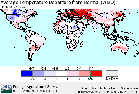 World Average Temperature Departure from Normal (WMO) Thematic Map For 3/20/2023 - 3/26/2023