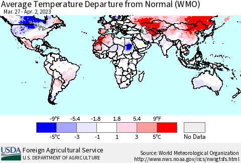 World Average Temperature Departure from Normal (WMO) Thematic Map For 3/27/2023 - 4/2/2023