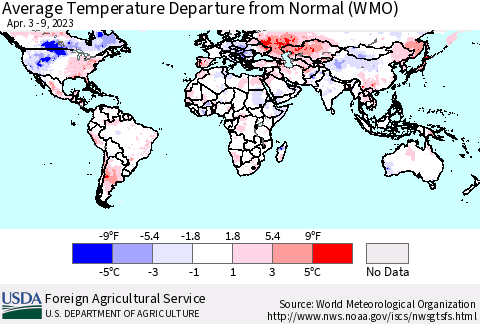 World Average Temperature Departure from Normal (WMO) Thematic Map For 4/3/2023 - 4/9/2023